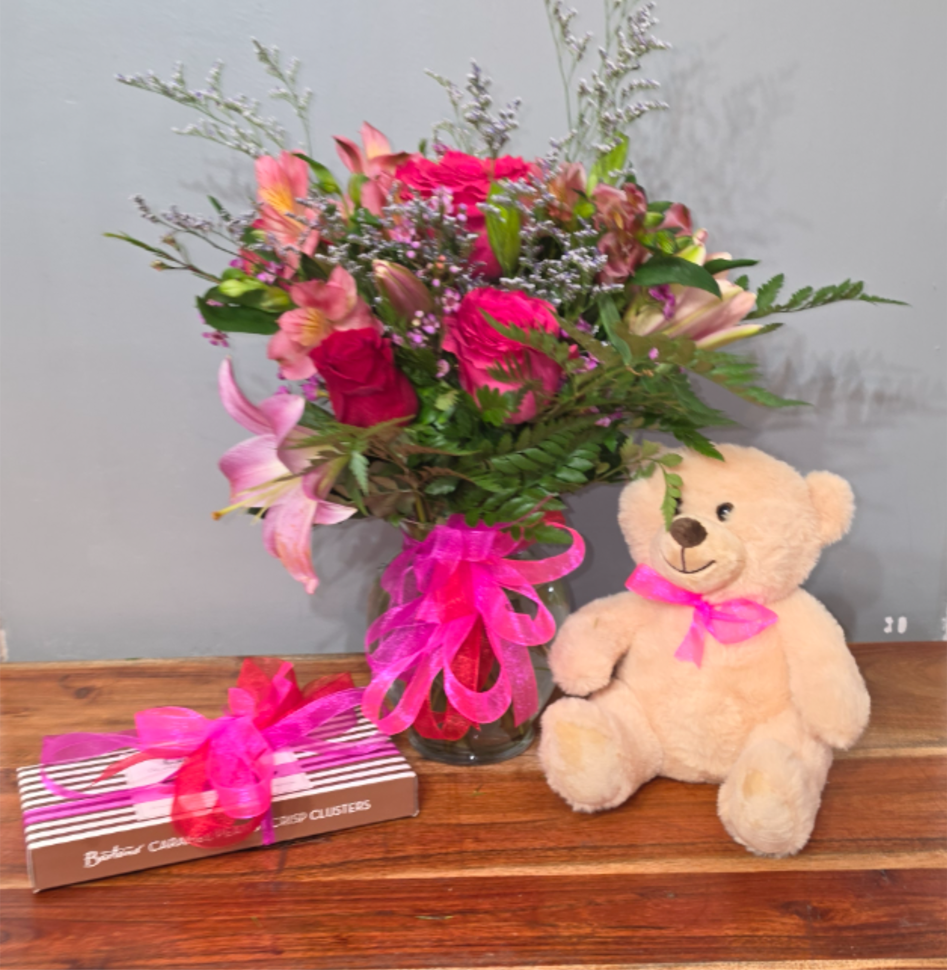 Gift combo - Complete combo, designers choice bouquet of flowers, stuff animal, and box of chocolates.  Its the perfect gift all for one price!