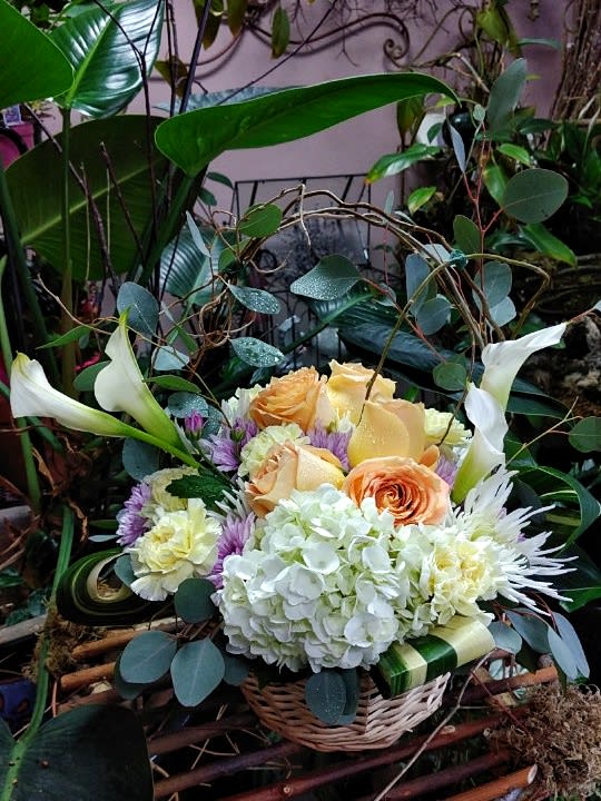 Basket arrangement with peach roses, white hydrangea, and white calla lilies