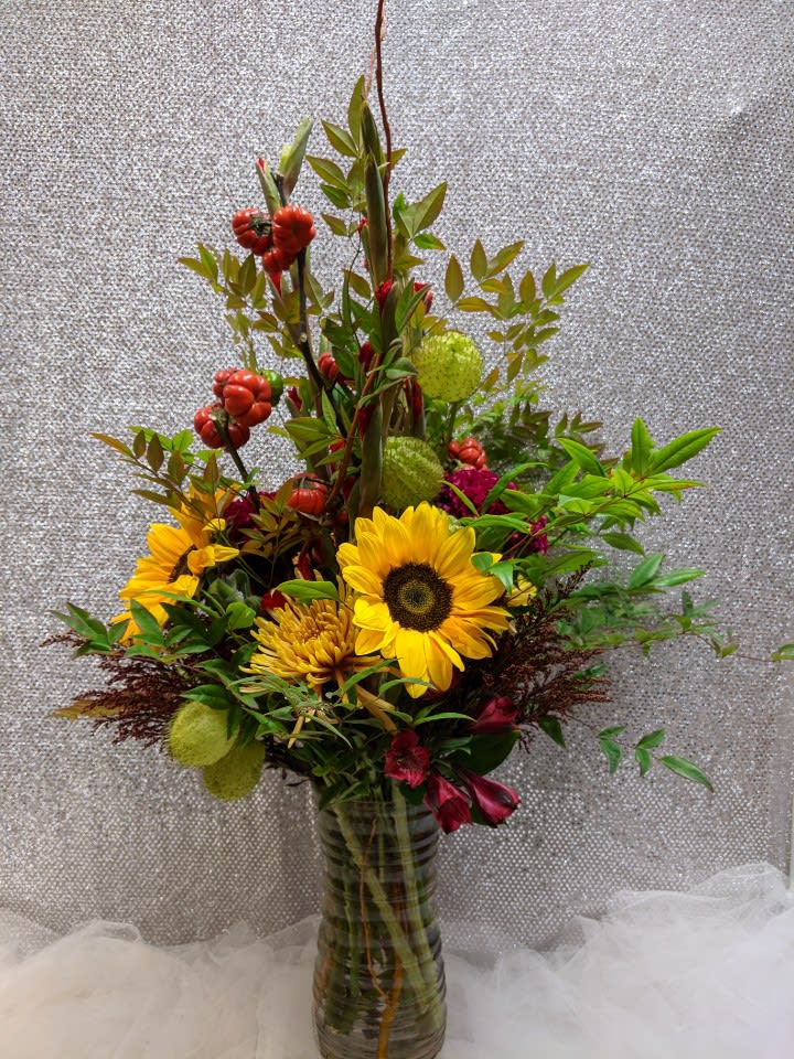 Autumn Grace - Gladiolus, Pumpkins, Sunflowers, Mums, Solidago, Celosia, Alstroemeria in a tall vase