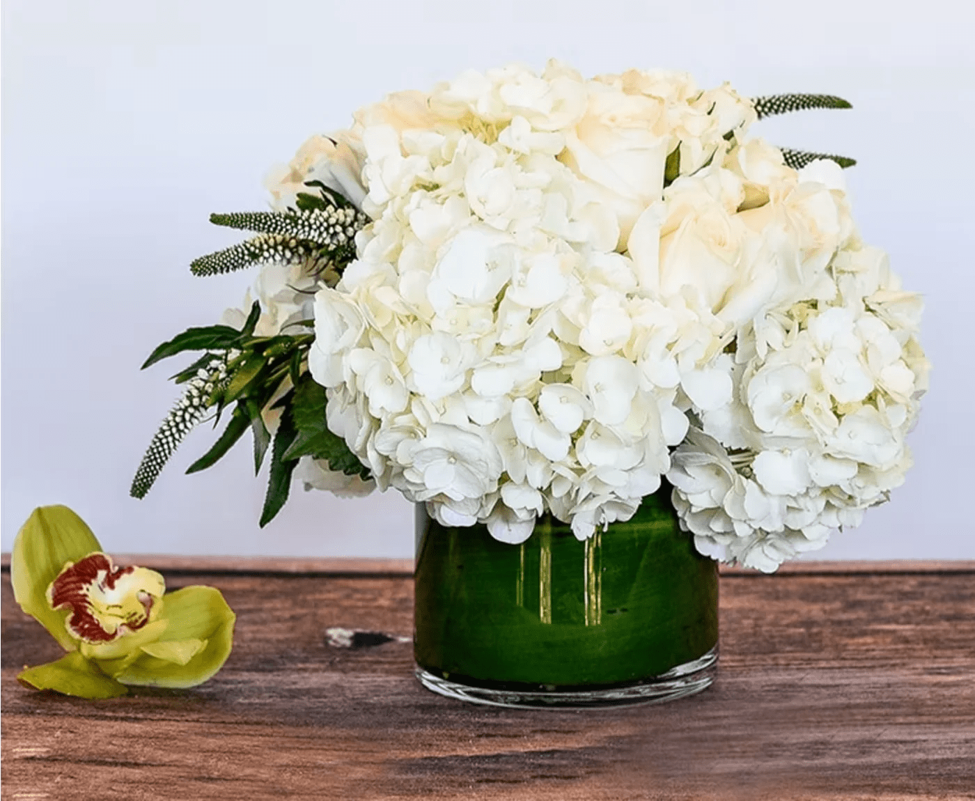 Pure - Clean white hydrangea accented by crisp white florals in a leaf wrapped vase. . 
