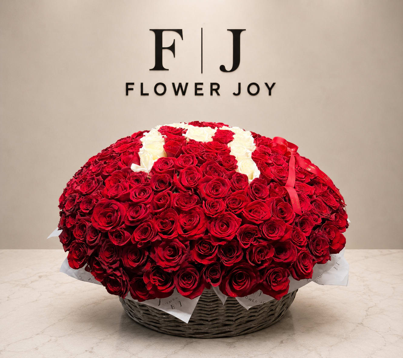 Large basket of red and white roses