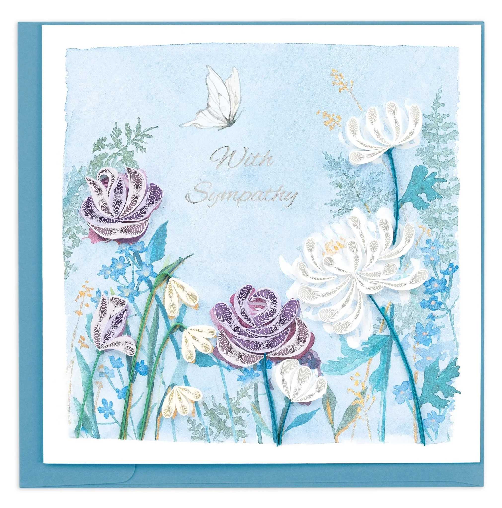 Sympathy card with paper flowers on a blue background