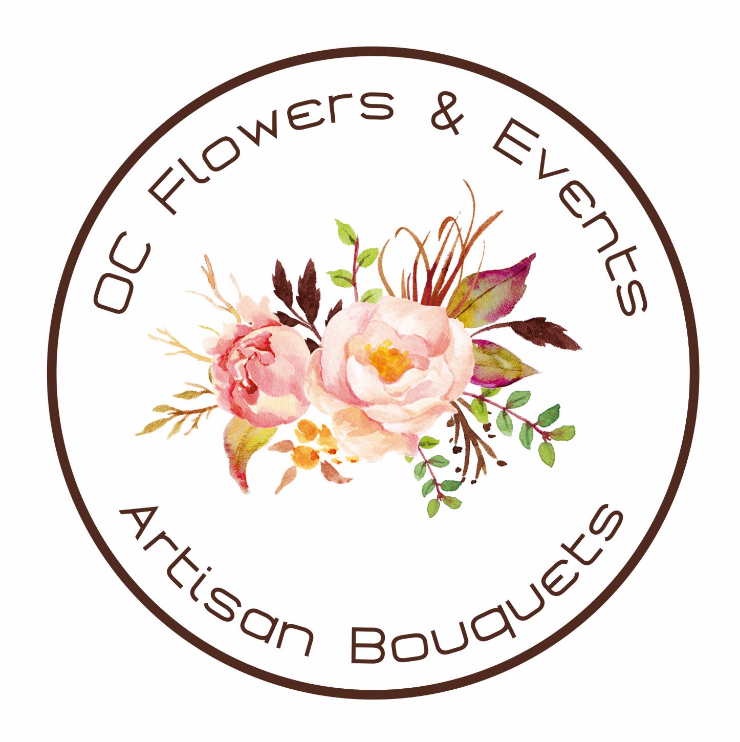 Circular floral logo with watercolor pink and peach flowers and text OC Flowers &amp; Events Artisan Bouquets