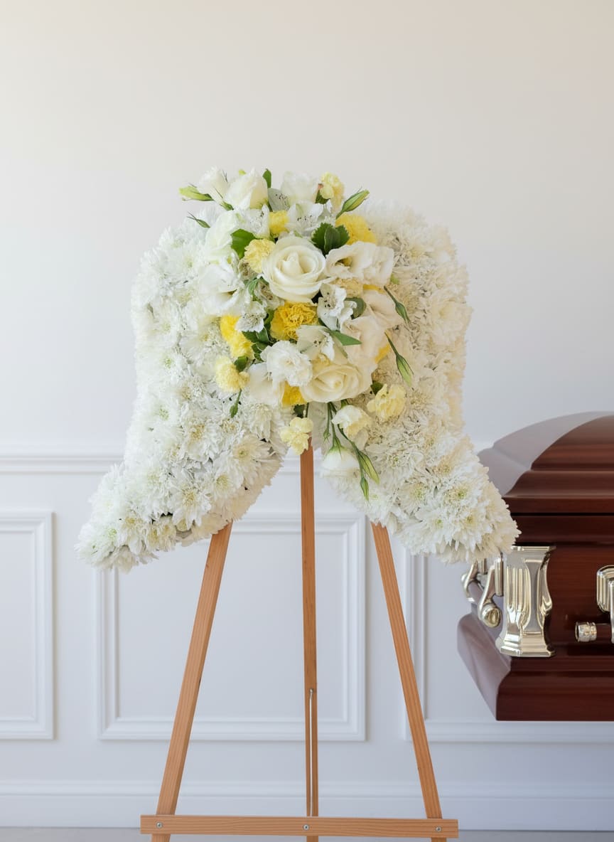 White floral funeral spray on a wooden easel beside a casket