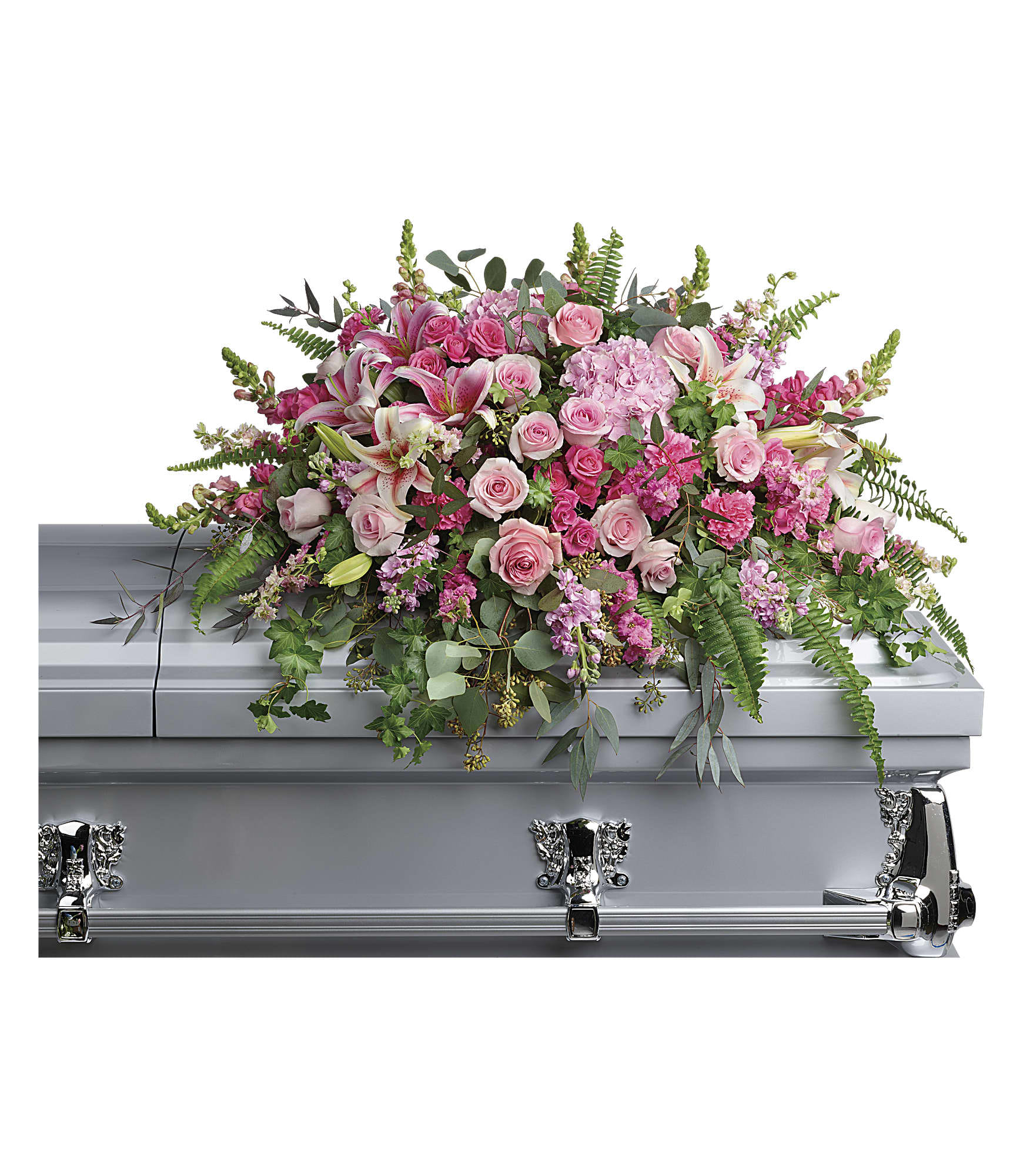 Large pink and white casket spray with roses and lilies on a gray casket
