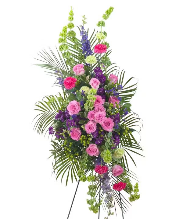 FOREVER CHERISHED EASEL SPRAY - This beautiful combination of pink and purple flowers will show that they will be forever cherished.  