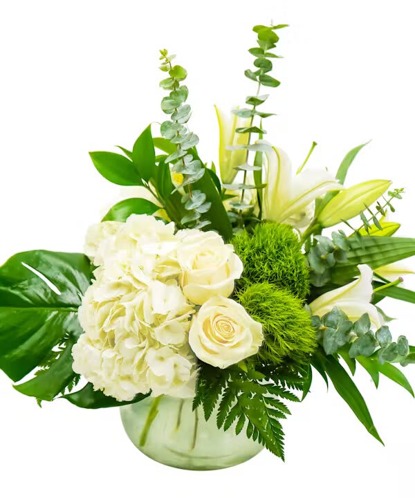 SINCERITY - Sincerity is a balance of grace and beauty. White flowers like roses, hydrangea and lilies are the stars of this tasteful bubble arrangement.  