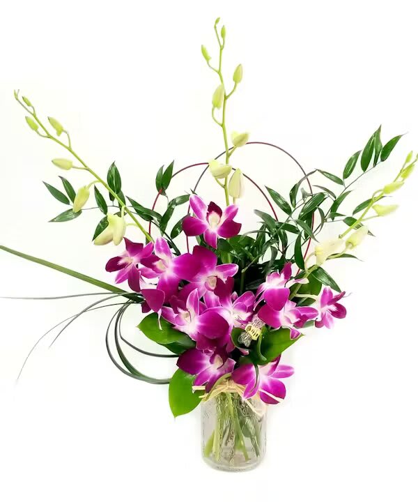 Purple orchids in a glass vase with arching stems and greenery