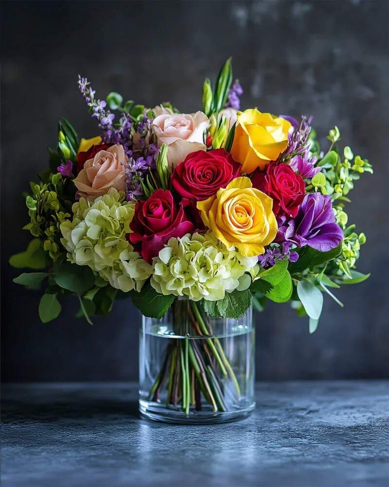 Radiance  - This cheerful arrangement bursts with vibrant yellow and red roses, nestled among lush hydrangeas and delicate purple blooms. Perfect for adding warmth and brightness to any room. 