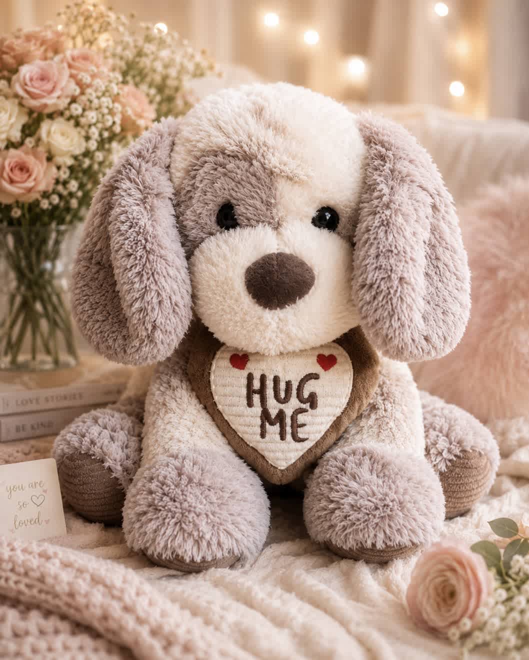 Plush dog holding a heart that says "HUG ME" with pink roses nearby