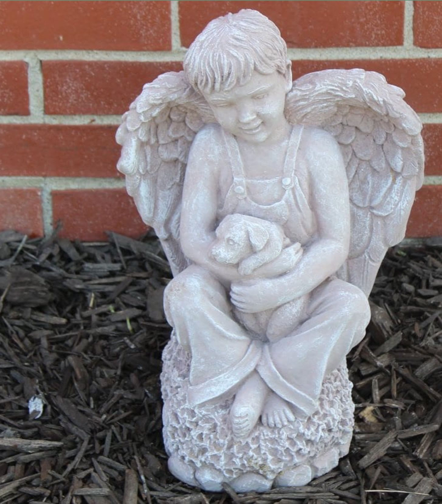 Boy Angel Cement Statue - Beautiful statue of a boy angel holding a puppy