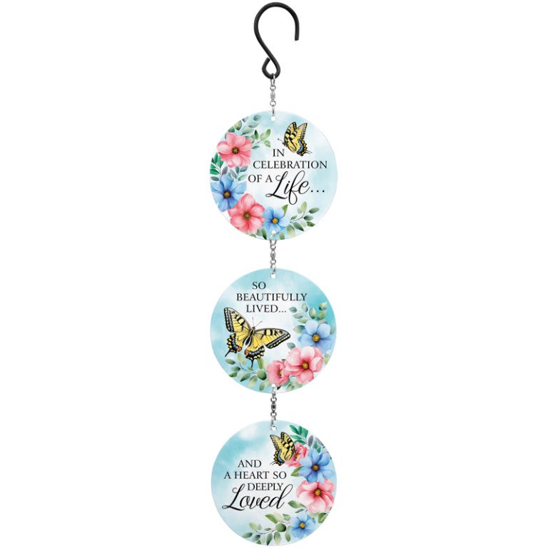 "DEEPLY LOVED" TRIO SPINNER - A spinner with three tiers, each decorated with pink and blue flowers, yellow butterflies, and a verse