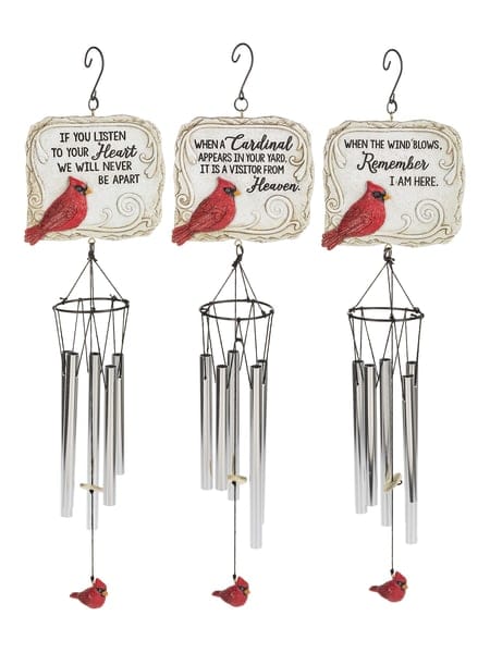 Three cardinal-themed hanging wind chimes with memorial sayings