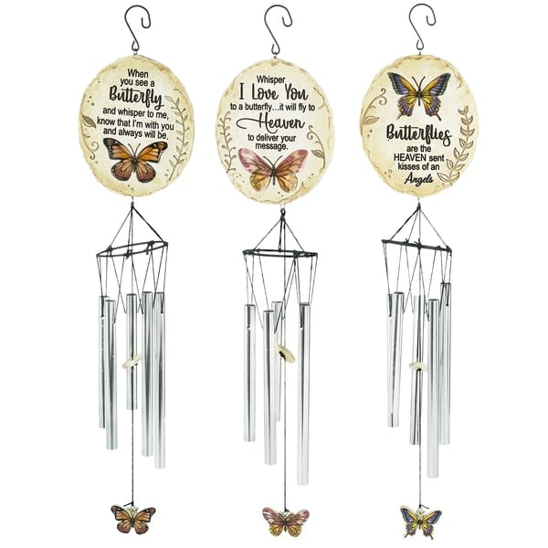 Three butterfly memorial wind chimes with hanging metal tubes