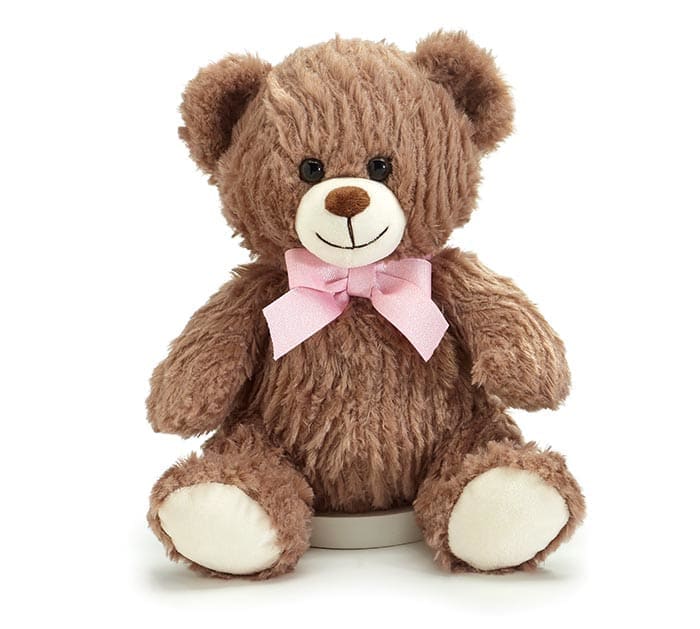 Brown teddy bear with a pink bow on a white background