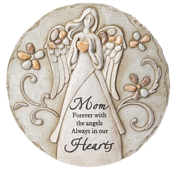 Round angel memorial plaque with the words Mom Forever with the angels Always in our Heart