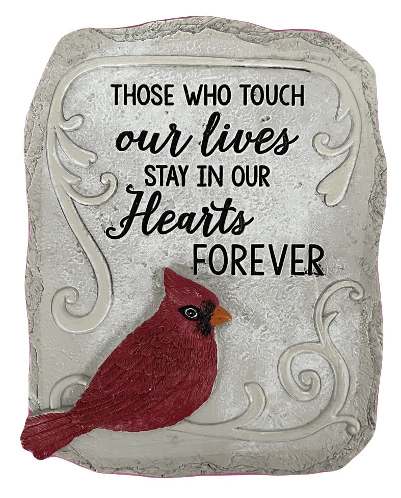 Decorative memorial plaque with a red cardinal and remembrance text
