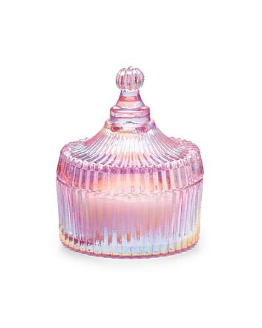 Pink iridescent ribbed glass jar candle with a rounded decorative lid