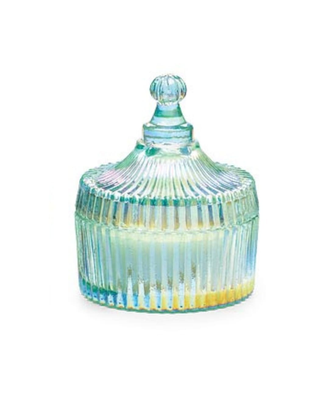 Blue Iridescent Glass Candle - Bring a refreshing coastal vibe into your space with this elegant blue iridescent glass candle dish, complete with a matching lid. Crafted from blown glass and filled with a carefully poured candle, it features a clean ocean breeze scent that evokes the calm of seaside air.   Perfect for gifting or adding a serene touch to your décor, this candle measures 4.25" in height and 4" in width and depth.   Delivery is available in Smyrna, Marietta, Mableton, Austell, and Atlanta.