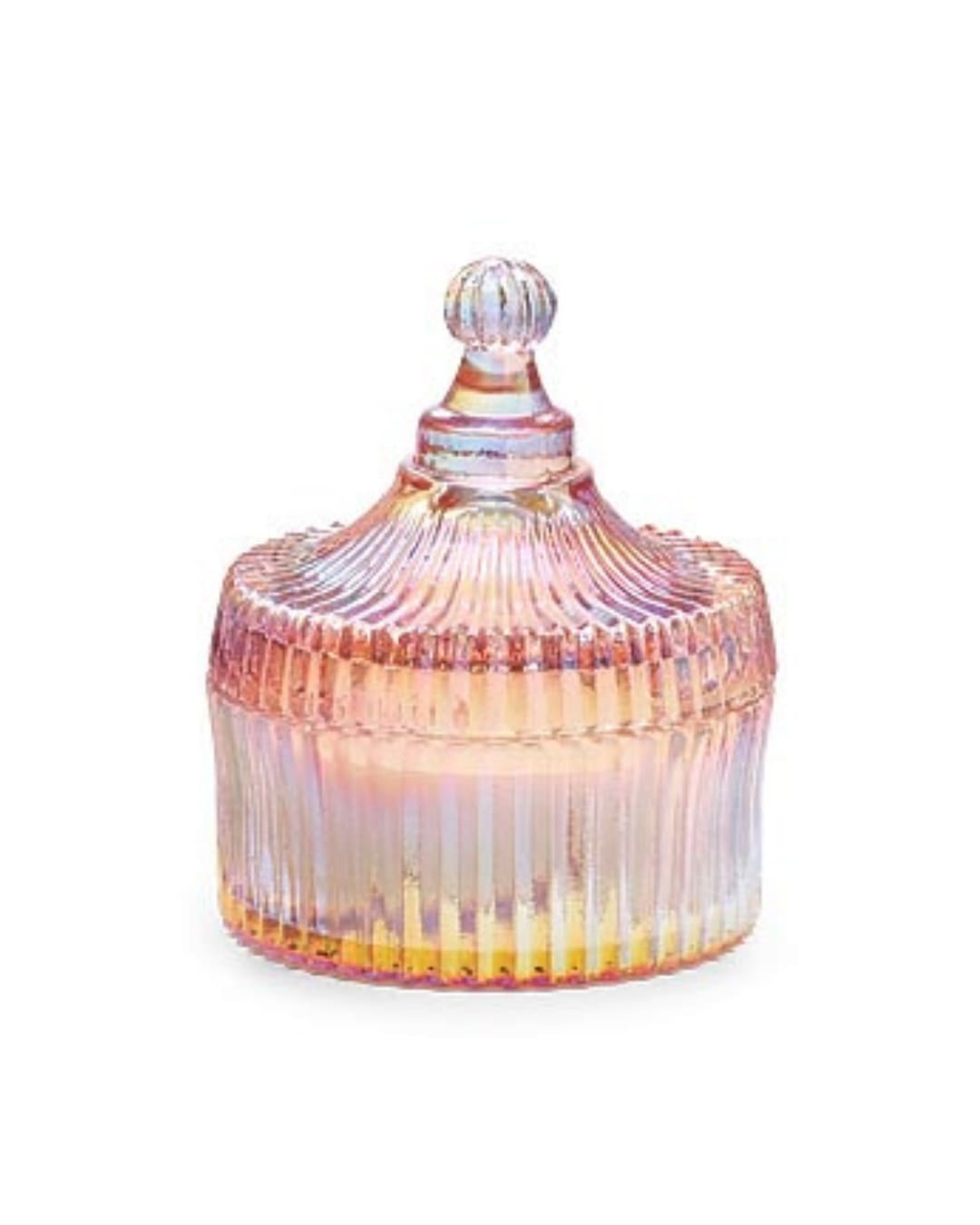 Pink Iridescent Glass Candle - Add a soft, feminine touch to any room with this charming pink iridescent glass candle dish, complete with a matching lid. Expertly crafted from blown glass and filled with a poured candle, it features a delicate blossom scent that is light and inviting.   Ideal for gifting or enhancing your décor, it measures 4.25" in height and 4" in width and depth.   Delivery is available in Smyrna, Marietta, Mableton, Austell, and Atlanta.
