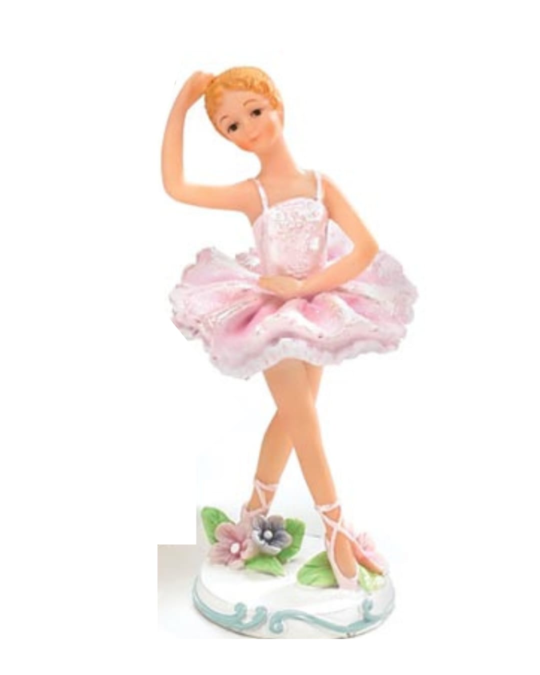 Pink Dress Ballerina - Pink Dress Ballerina Add a graceful touch to your décor with this beautifully crafted ballerina figurine, featuring a delicate pose and a soft pink dress. Set on a white base adorned with sculpted coordinating flowers at her feet, this piece captures elegance and charm in every detail. Made from hand-painted resin, it offers a refined finish that makes it perfect for gifting or display.   Measuring 5.25" H x 2.25", each figurine comes individually packaged in a gift box, ready to delight.   Delivery is available in Smyrna, Marietta, Mableton, Austell, and Atlanta.