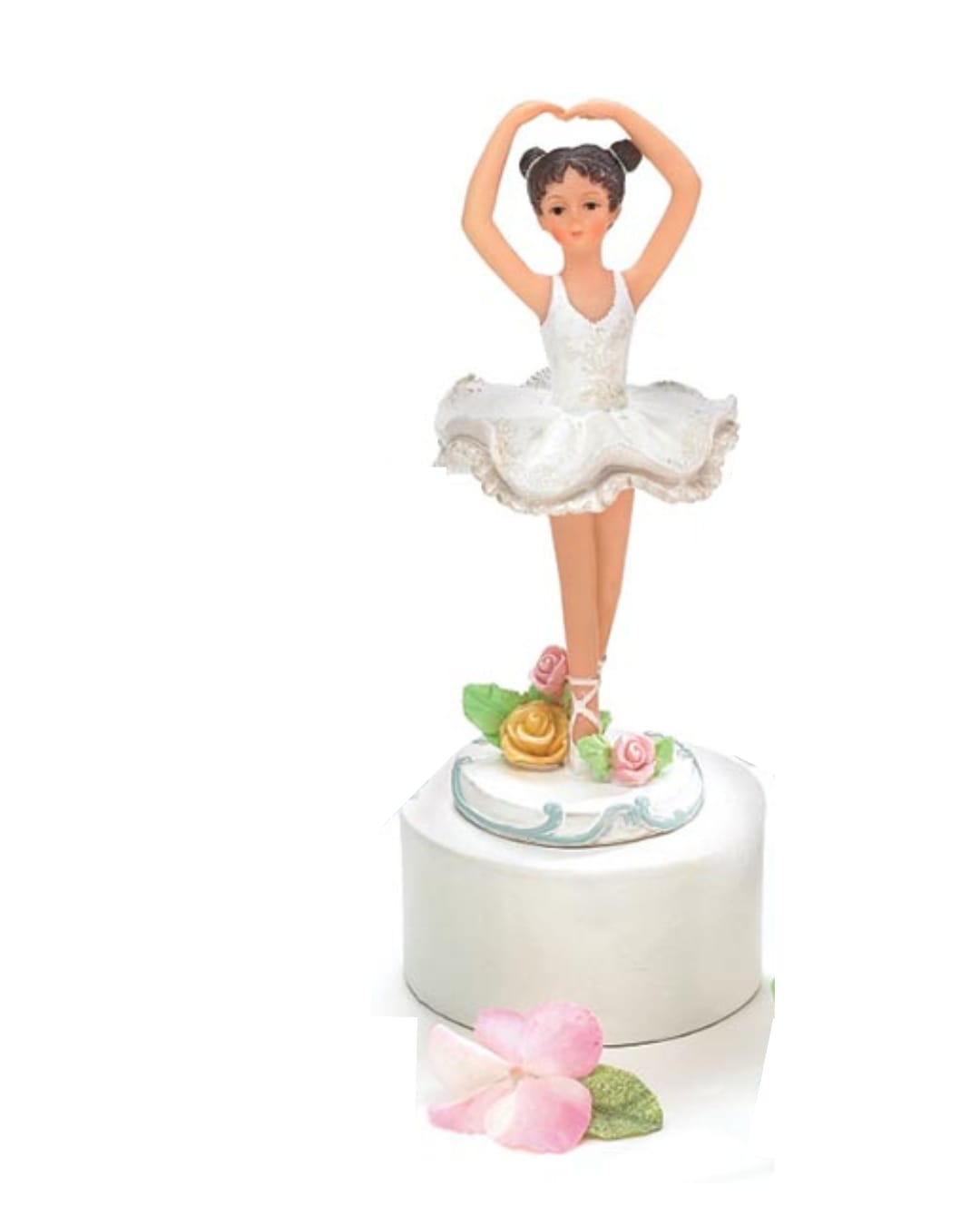 White Dress Ballerina - Enhance your space with the timeless beauty of this ballerina figurine, featuring a classic white dress and a graceful, poised stance. The figurine stands on a white base accented with sculpted coordinating flowers, adding a delicate and elegant touch. Made from hand-painted resin, it is perfect for display or as a meaningful gift.   Measuring 5.25" H x 2.25", each piece is individually gift boxed and ready to present.   Delivery is available in Smyrna, Marietta, Mableton, Austell, and Atlanta.