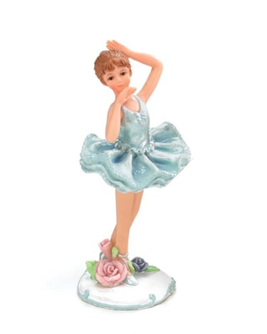 Blue Dress Ballerina - Bring elegance and poise to any space with this charming ballerina figurine, dressed in a serene blue gown and captured in a graceful pose. Resting on a white base with sculpted coordinating flowers, it adds a soft decorative accent to any room. Crafted from hand-painted resin, this figurine showcases beautiful detailing and makes a thoughtful gift.   Measuring 5.25" H x 2.25", it comes individually gift boxed for easy giving.   Delivery is available in Smyrna, Marietta, Mableton, Austell, and Atlanta.
