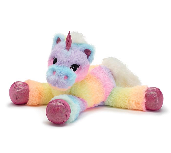 LYING 16" RAINBOW UNICORN - Meet the ultimate cuddle companion—our lying rainbow unicorn plush! Designed with a vibrant spectrum of colors, this magical unicorn features shimmering pink iridescent feet and a matching horn that catch the light beautifully. Its large embroidered eyes give it a sweet, expressive look, while the charming heart-shaped nostrils add an extra touch of whimsy.  Perfect for gifts, nursery décor, or anyone who loves fantasy creatures, this soft and huggable unicorn is made with high-quality materials for comfort and durability. Whether you’re surprising a loved one or treating yourself, this plush unicorn brings a little extra magic into every day.  Delivery Zones: Smyrna, Mableton, Marietta, Austell, and Atlanta.