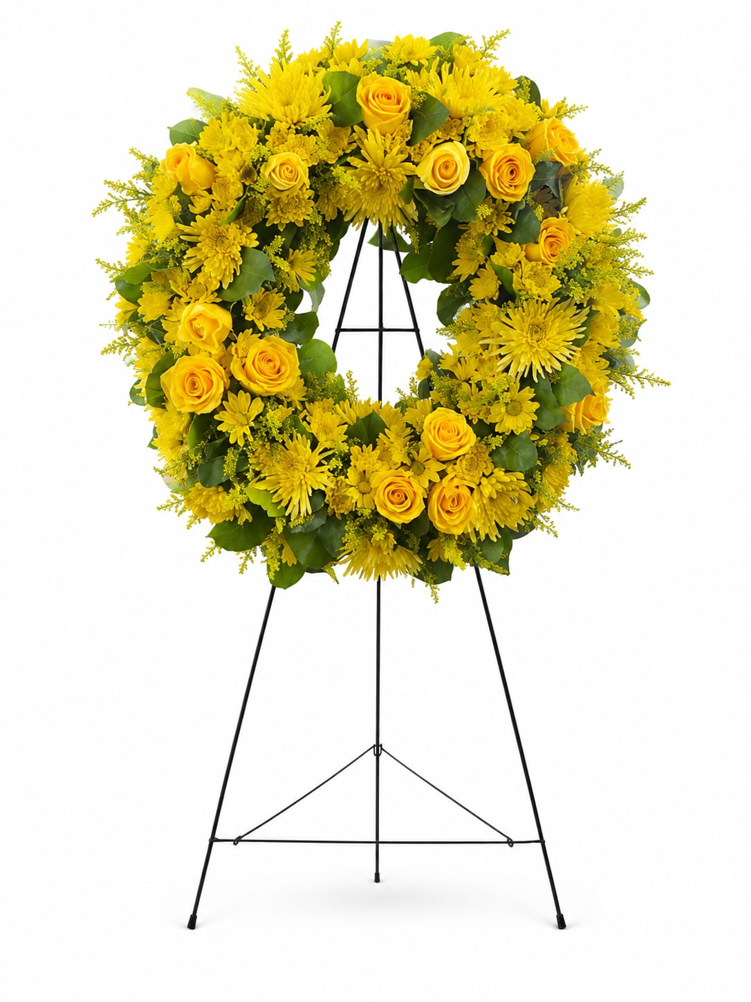 Sunlit Rays Standing Wreath - Celebrate the life and legacy of a loved one with the Golden Rays Standing Wreath, a striking sympathy tribute filled with radiant yellow roses, chrysanthemums, and complementary seasonal blooms. Designed on a standing easel, this classic wreath symbolizes eternal love and remembrance while offering a message of hope and comfort to grieving family and friends.  Its vibrant golden hues reflect cherished memories, warmth, and gratitude, making it an uplifting choice for funeral services, memorial ceremonies, church services, or graveside tributes. The full circular design serves as a timeless expression of everlasting life and enduring love.  Our florists carefully handcraft each standing wreath using fresh, high-quality flowers to create a memorable and elegant sympathy arrangement. Slight variations may occur due to seasonal flower availability while preserving the overall beauty and design.