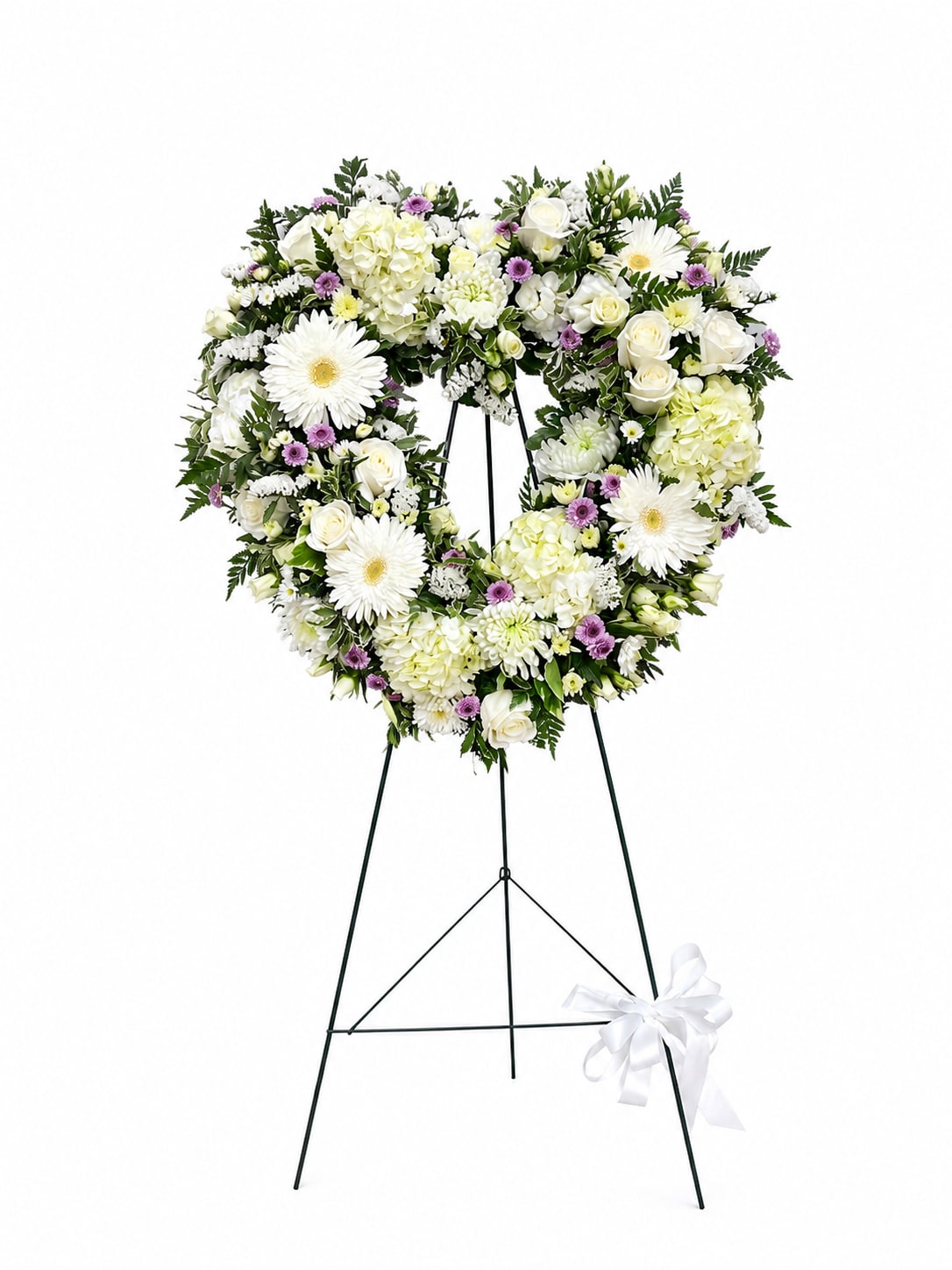 White And Lavender Open Heart - A beautiful arrangement perfect for remembering a very special person.  20in by 24in heart shape
