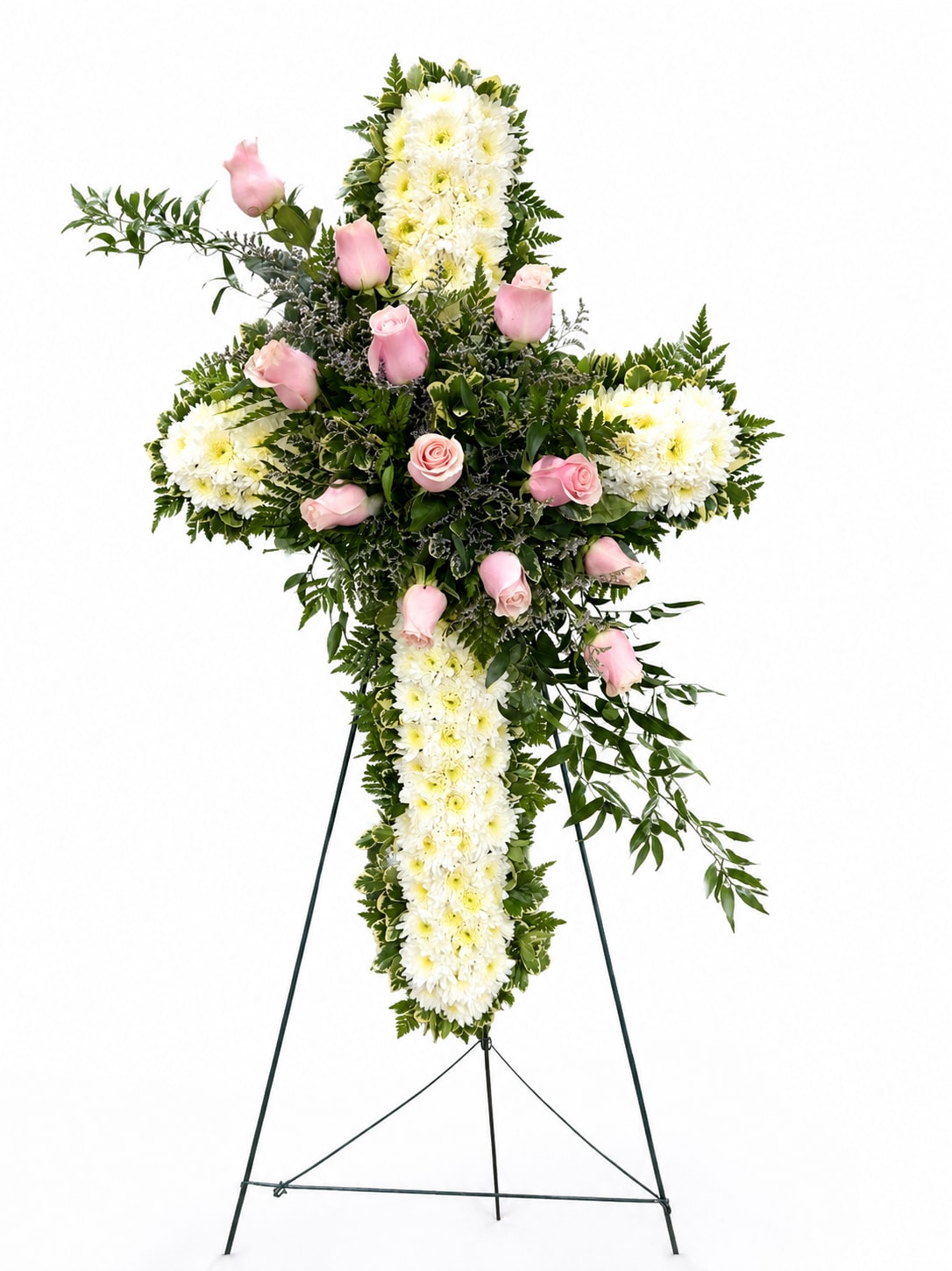 Sympathy cross - A classic standing sympathy cross crafted for funeral and memorial services, this sympathy cross combines devotional formality with gentle floral warmth.  Cross shape 38in (Rose color can be changed)
