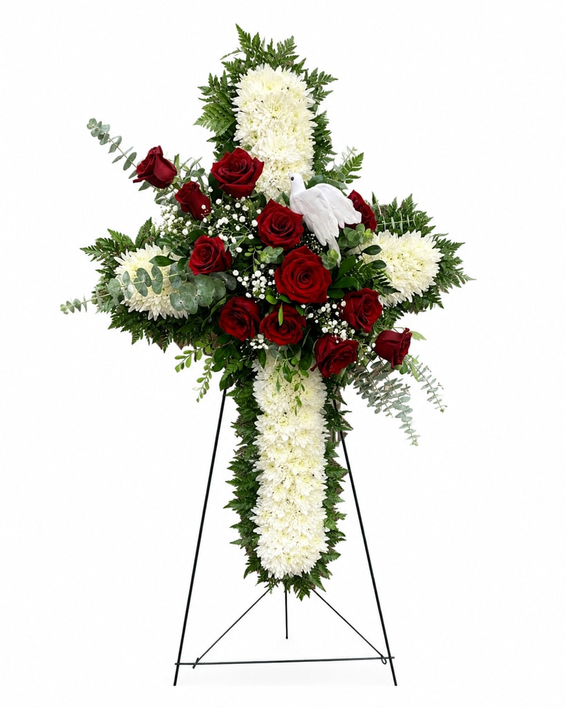 Standing floral cross with red roses and white chrysanthemums on an easel