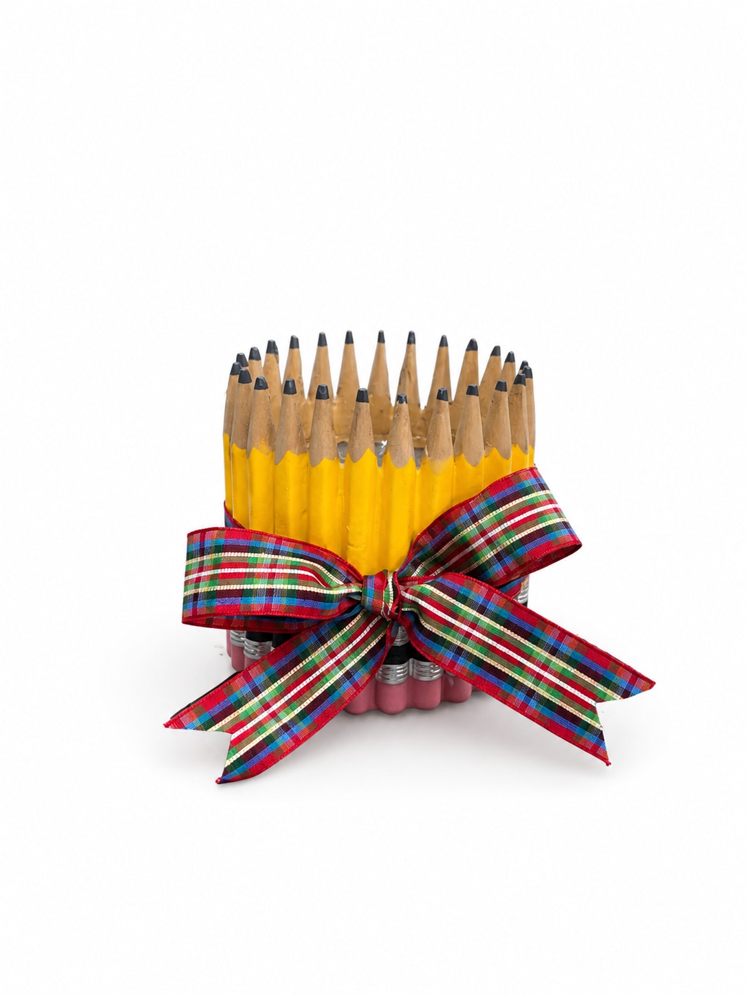 Bundle of yellow pencils tied with a plaid ribbon