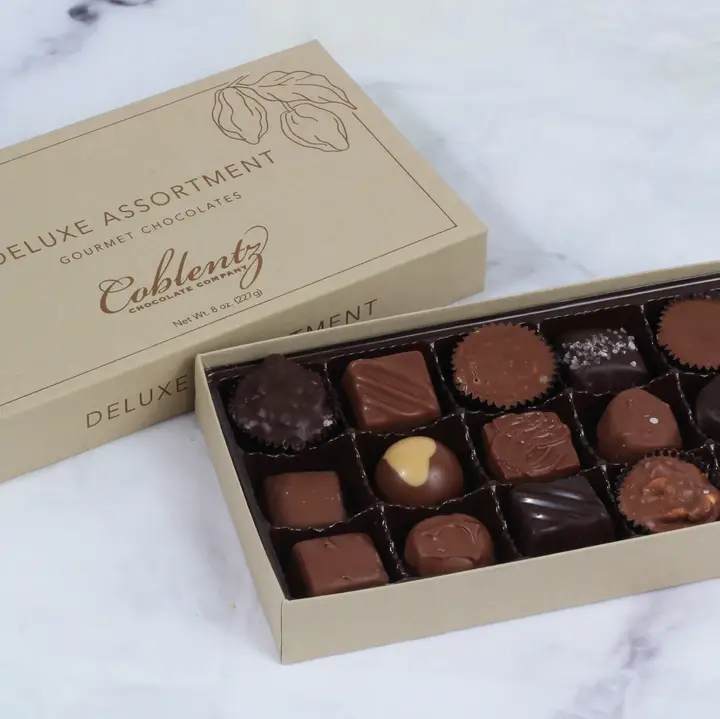 Box of assorted chocolates with the lid open