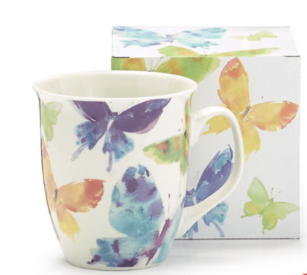 White ceramic mug with colorful watercolor butterflies and matching gift box