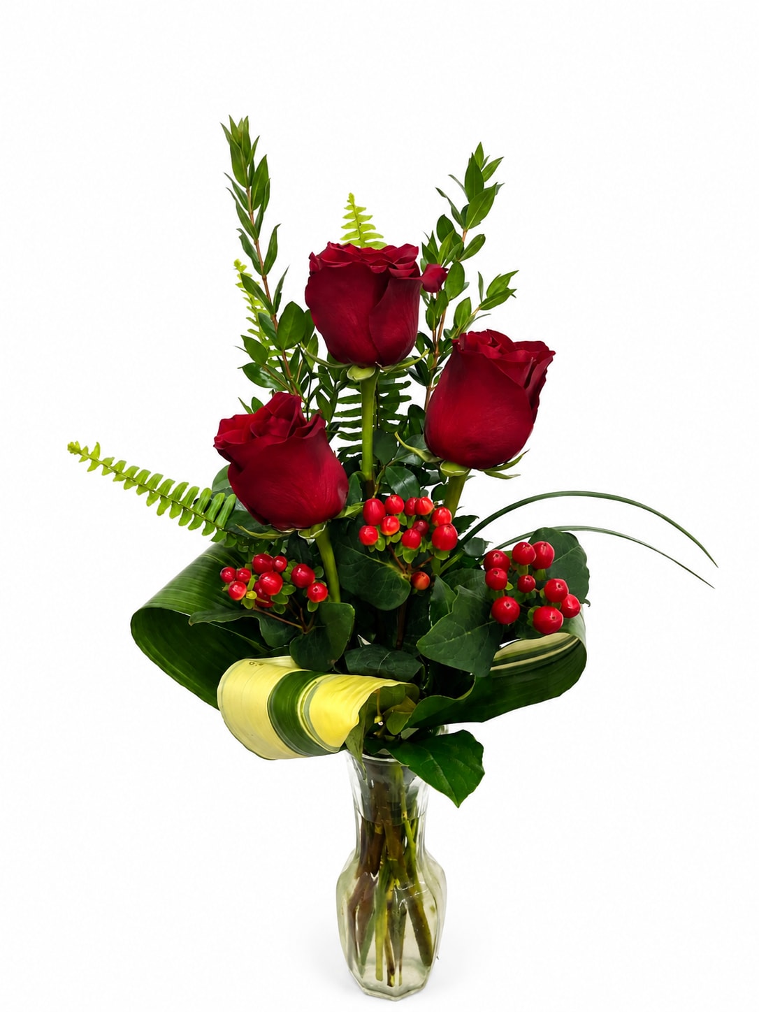 Simply Elegant Rose Bud - You can tell the difference from traditional styles to when you let the designers work their magic. Red roses greenery and filler arranged together in an elegant yet simple way.   FCF-075