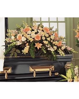 Peach Comfort Half-Couch Spray - Since peach is one of the most naturally comforting colors this half-couch spray is sure to provide plenty of comfort to all those who care. A half-couch casket spray is delivered decorated with peach gerberas larkspur lilies roses stock and camellia along with emerald palm and sprengeri. Approximately 47" W x 30" H   TF196-1