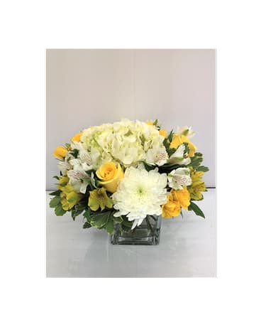 Yellow and white flower arrangement in a square glass vase