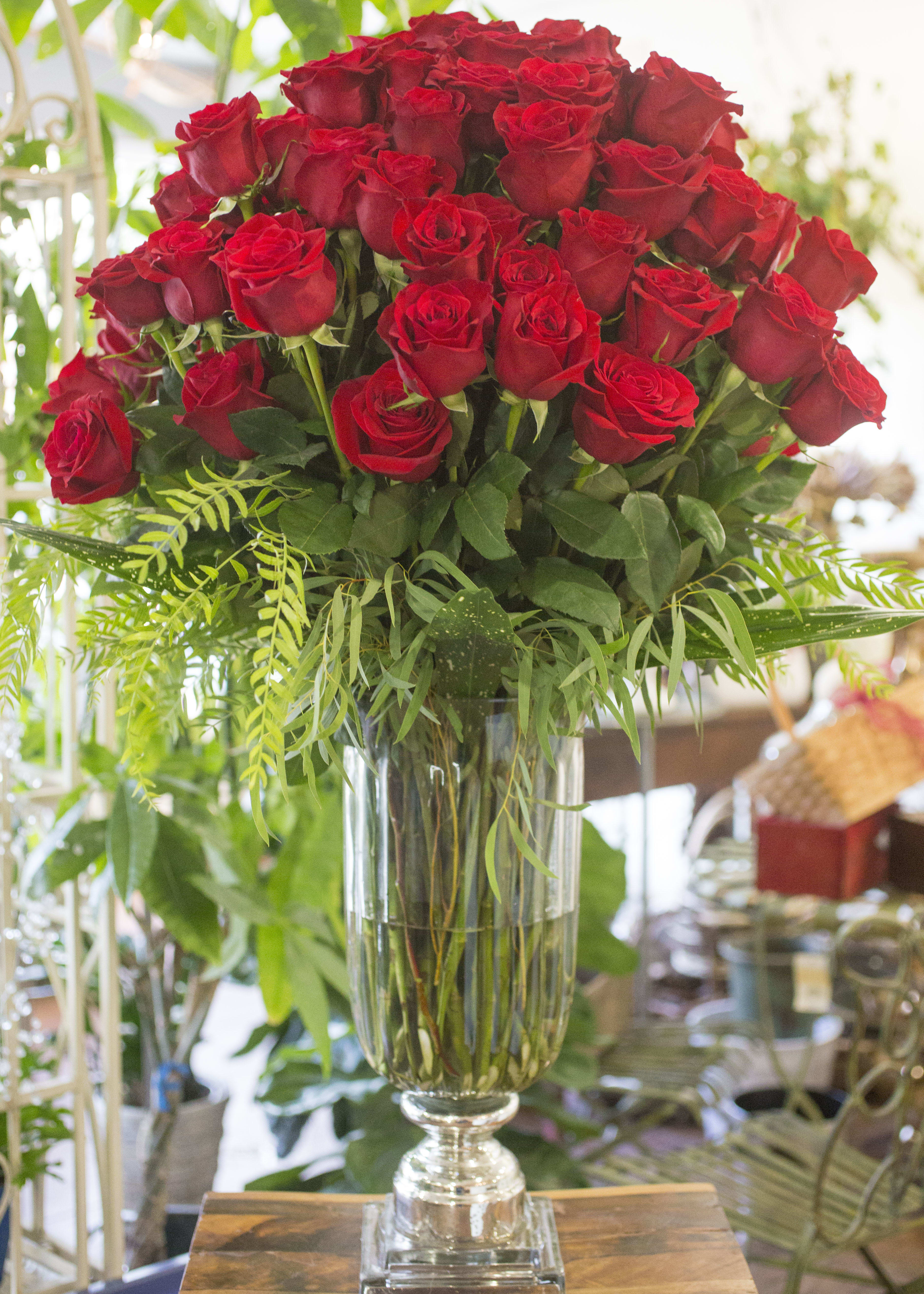 Red roses arranged in a tall clear glass vase
