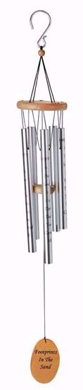 Hanging metal wind chime with a wooden top and oval tag