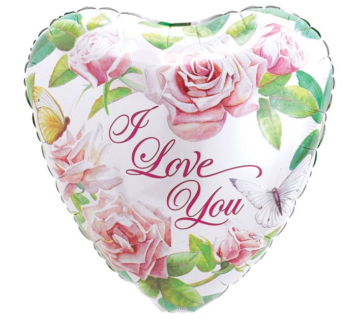 Heart-shaped balloon with pink roses and the words I Love You