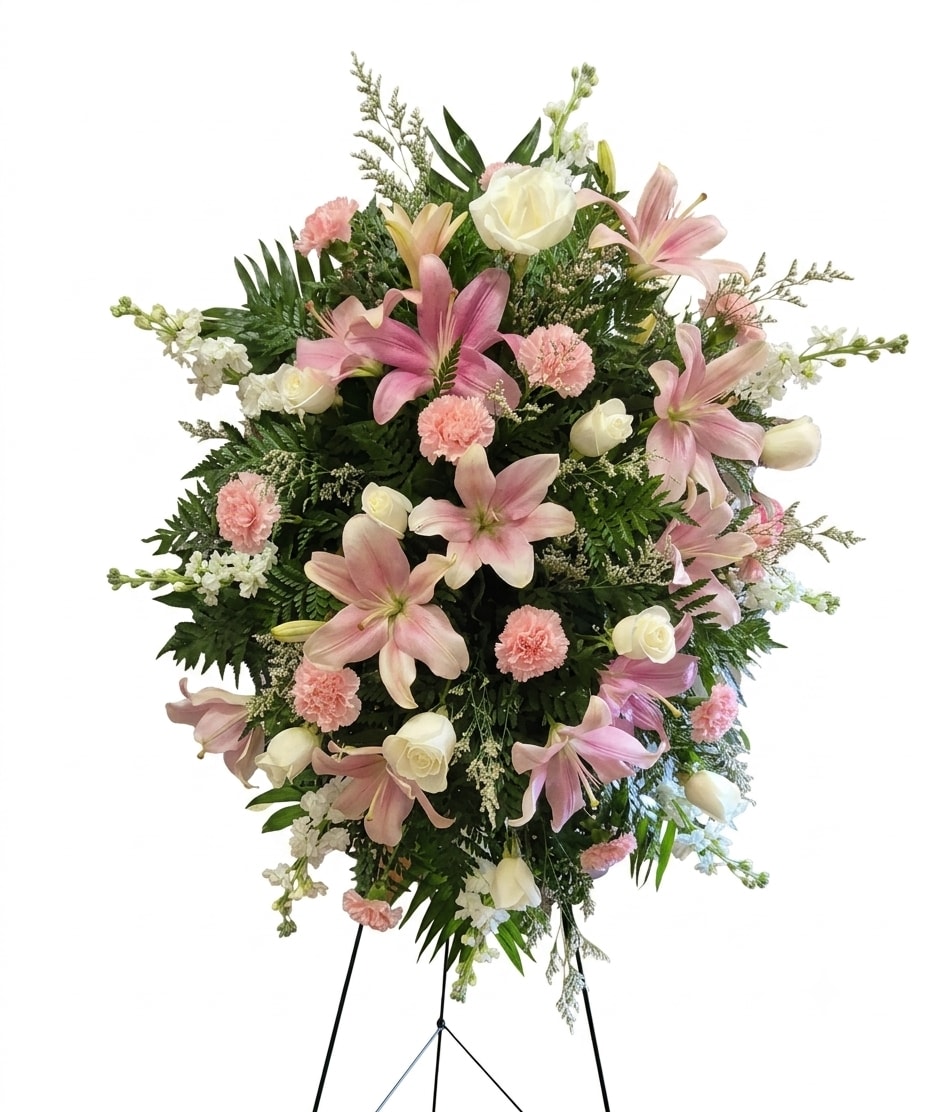 Whisper of Grace Standing Spray  - Soft pink lilies take center stage in this Whisper of Grace standing spray, a sympathy arrangement designed to offer comfort and quiet beauty at a funeral or memorial service. The rounded, full silhouette reads traditional and respectful-the kind of floral tribute that helps the person you're honoring feel gently remembered.  This large standing spray pairs the pink lilies with white roses, pale carnations, delicate white filler blooms, and dense dark greenery for contrast and texture. Mounted on a standing easel, the arrangement reads airy yet substantial from a distance, making it suitable for viewing at a service or beside a casket. Colors of soft pink, white, and green create a soothing palette that conveys sympathy and tenderness.  Choose this piece when you want to express heartfelt condolences and give a family a timeless, elegant floral statement.