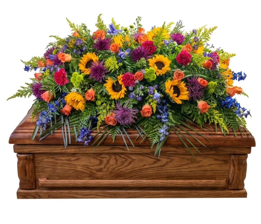 Sunflower Meadow Casket Spray  - A broad, abundant spread of bright yellow sunflowers crowns this sunflower casket spray, designed as a heartfelt sympathy tribute for a memorial or funeral service. The mixed-color arrangement combines sunflowers, orange roses, blue delphinium accents, pink carnations, and purple chrysanthemums to create a vivid yet respectful presentation. Layered densely and laid across the top of the casket, the composition balances warm tones and cool purples for a lively but dignified look. The full, formal design offers strong visual impact from the front of the chapel while maintaining the traditional shape expected of a casket spray; textures range from the sunflowers' bold faces to the soft ruffles of carnations and the spiky delphinium highlights.  This spray is intended to comfort and celebrate the life of the person you're honoring-the bright sunflowers convey warmth and remembrance while roses and chrysanthemums add classic sympathy sentiment. 