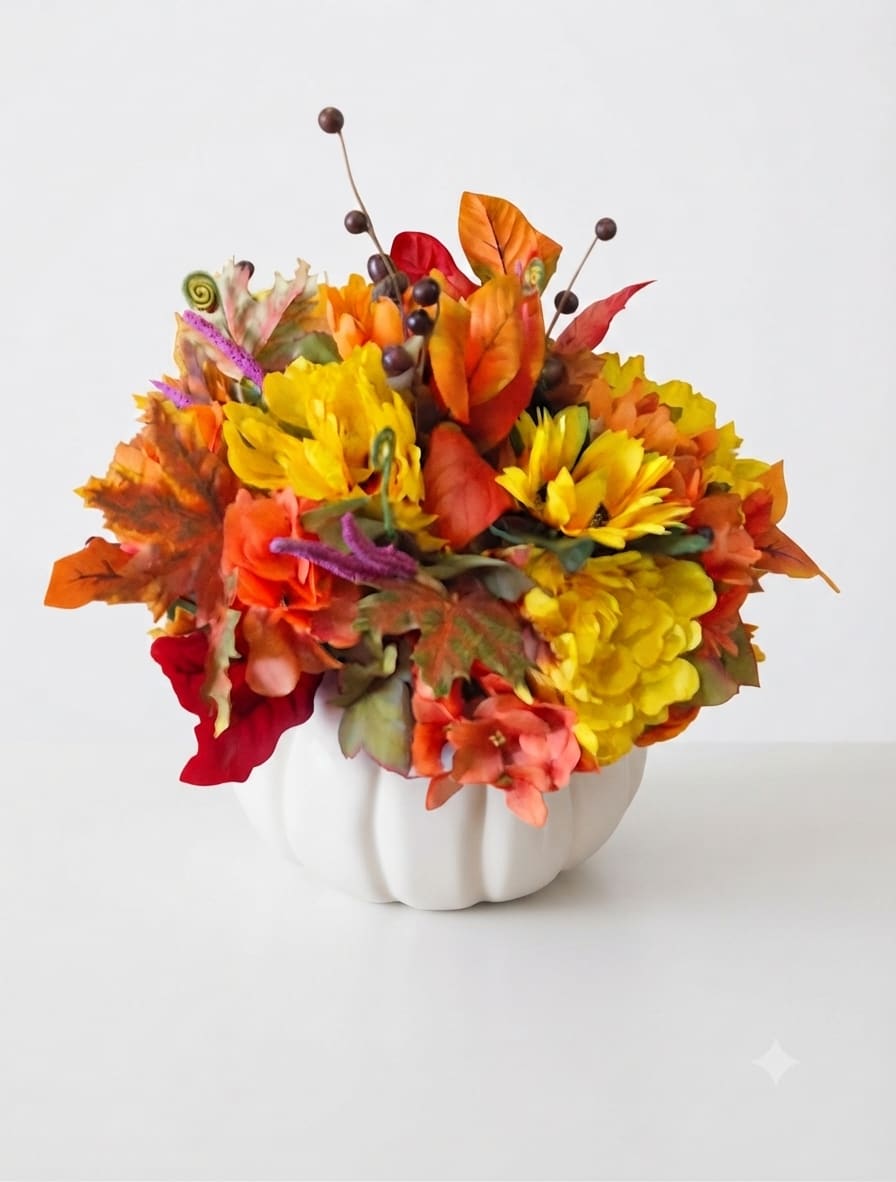 Autumn floral arrangement in a white pumpkin vase