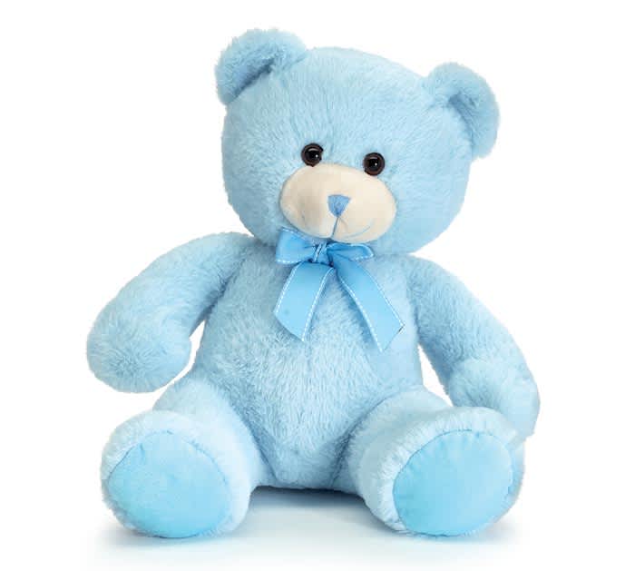 Light blue teddy bear with a ribbon bow on a white background