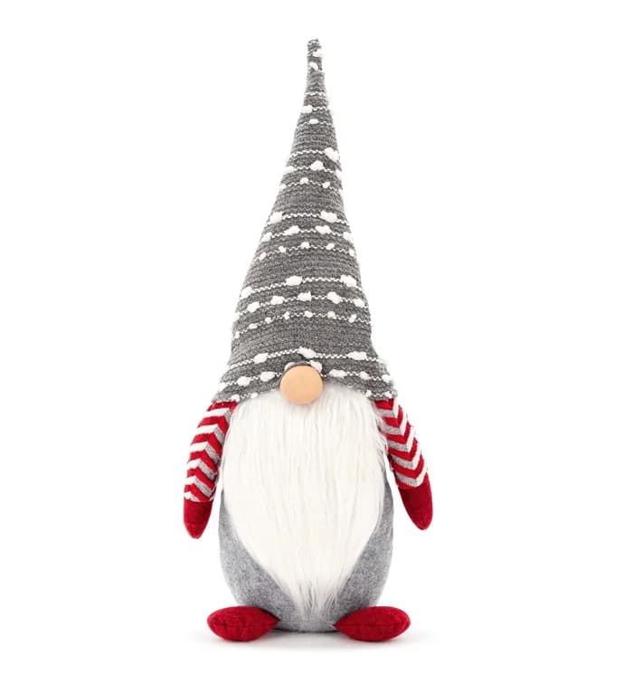 Plush gnome with a tall gray hat, white beard, and red striped arms and feet