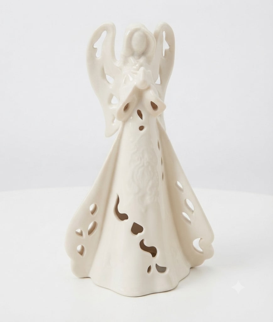 Cream-colored angel figurine with cutout details