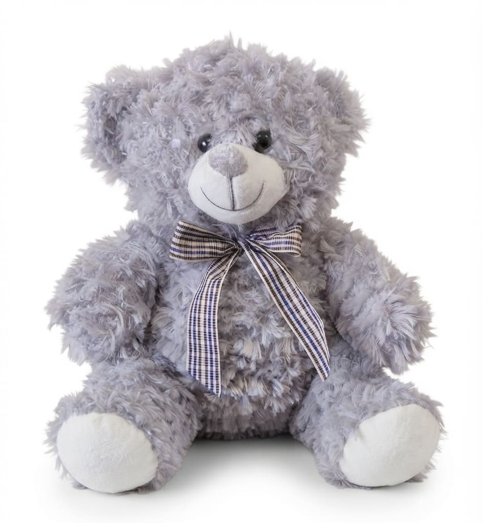 Lavender plush teddy bear with a plaid ribbon bow
