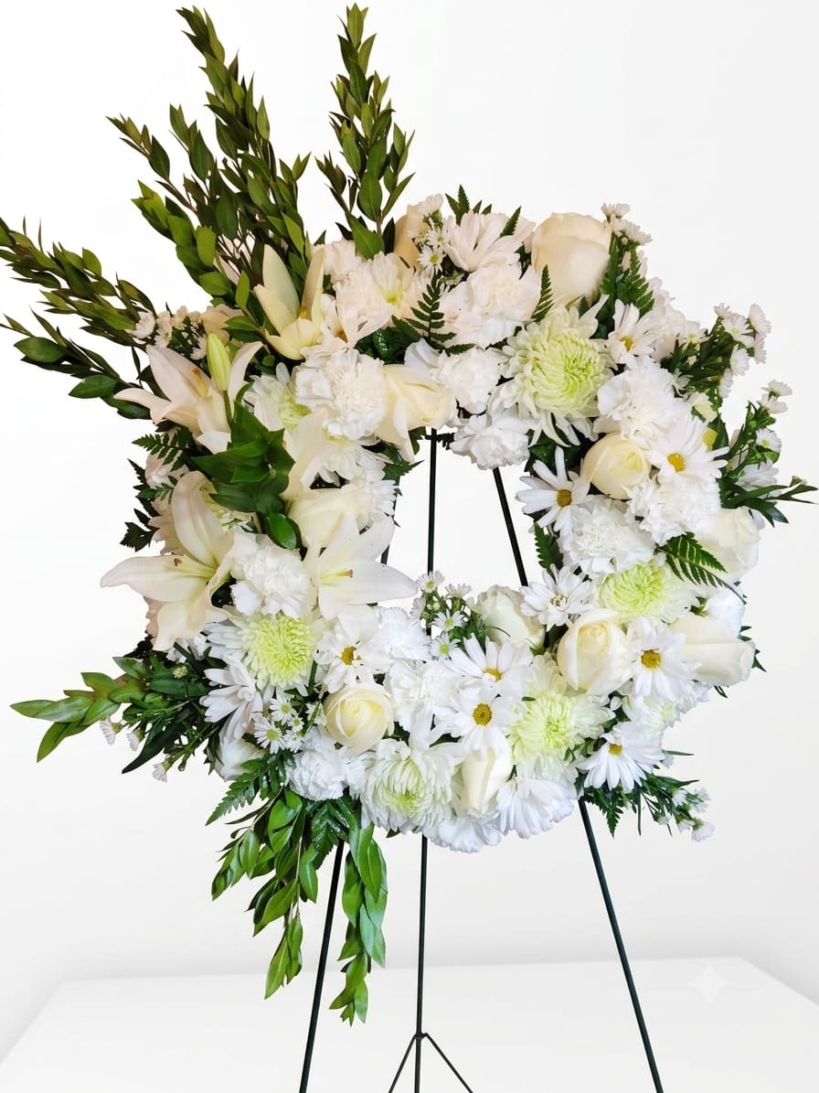 White floral wreath on a stand with lilies, roses, and daisies