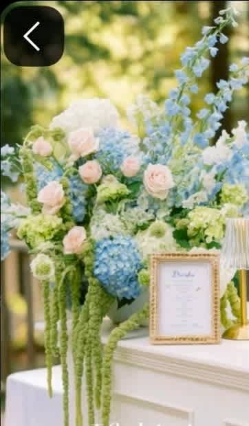 Pastel floral arrangement with blue and pink blooms in a vase